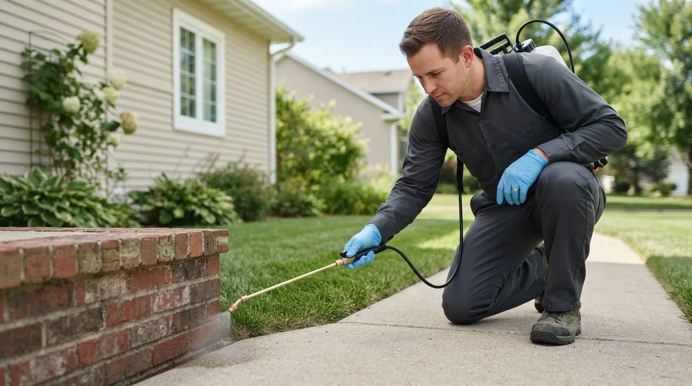Pest control technician treating a home near Batavia, NY